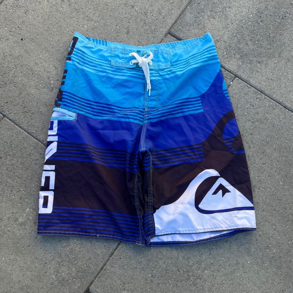 Quiksilver Mens Blue Striped Board Shorts Logo Swim Trunks Size 32